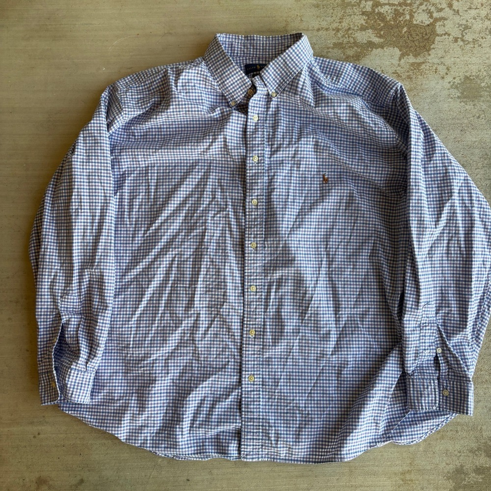 Ralph Lauren Mens 3XB Big Blue Checkered Long Sleeve Shirt Stretch Oxford Flesh